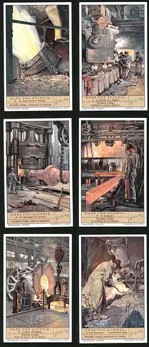 6 Sammelbilder Liebig, Serie Nr. 1369: Dans une Acierie, Le haut-fourneau, Coulée de la fonte, Le four électrique