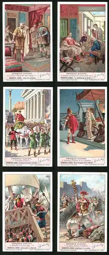 6 Sammelbilder Liebig, Serie Nr. 1391: Empereur Auguste, Le jeune Octave á Modéne, Bataille d`Actium, Cleopatra