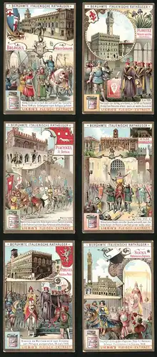 6 Sammelbilder Liebig, Serie Nr. 859: Berühmte Italienische Rathäuser, Siena, Perugia, Rom, Piacenza, Florenz, Bologna