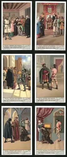 6 Sammelbilder Liebig, Serie Nr. 1337: De Cid Treurspel door Corneille, Don Rodrigo biedt Chimene zijn leven aan