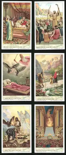 6 Sammelbilder Liebig, Serie Nr. 1347: Zoroastre, Sa mort dans le temple du feu, Le miracle du pont de glace