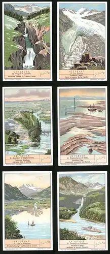 6 Sammelbilder Liebig, Serie Nr. 1353: Le Fleuve, Torrents et Confluents, Lacs et Alluvions, Embouchures et Deltas