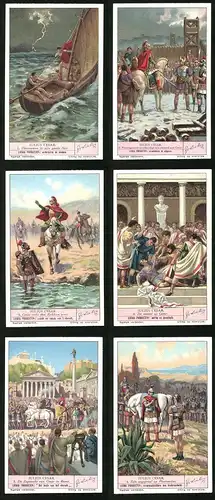 6 Sammelbilder Liebig, Serie Nr. 1378: Julius Cesar, Uijn zegepraal op Pharnacius, De moord op Cesar