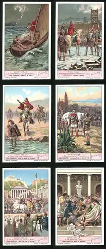 6 Sammelbilder Liebig, Serie Nr. 1378: Julius Cesar, De moord op Cesar, Zijn zegepraal op Pharnacius