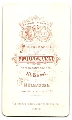 Fotografie J. Jungmann, Kl. Basel, Hammerstrasse 13, Portrait beleibter Herrr mit Bart im Anzug