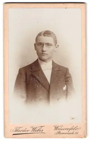 Fotografie Theodor Weber, Weissenfels, Promenade 33, Portrait junger Mann mit Zwicker im Anzug