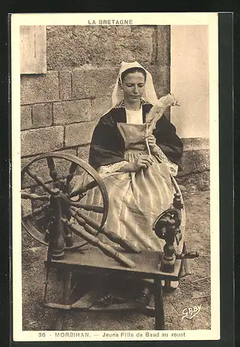 AK Morbihan, Jeune Fille de Baud au rouet, Mädchen aus der Bretagne am Spinnrad
