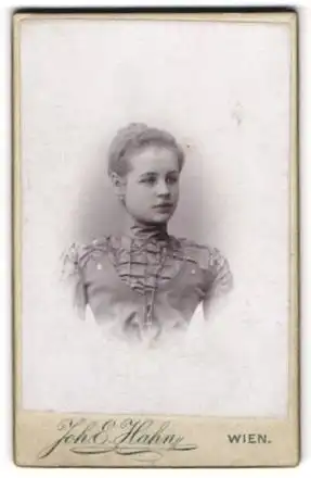 Fotografie Joh. E. Hahn, Wien, Mariahilferstr. 105, Portrait junge Frau im Kleid mit zurückgebundenen Haaren