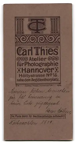 Fotografie Carl Thies, Hannover, Höltystr. 15, Portrait junger Hans Köhne im Anzug mit Krawatte