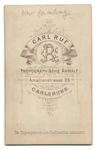 Fotografie C. Ruf, Carlsruhe, Amalienstr. 26, Portrait Herr Deimling im Anzug mit Vollbart