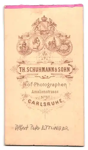 Fotografie Th. Schuhmann & Sohn, Carlsruhe, Amalienstr. 57, Portrait Albert Peter Ettlinger im Anzug mit Vollbart