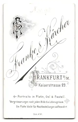 Fotografie Franke & Kärcher, Frankfurt a. M., Kaiserstr. 29, Portrait Herr im Anzug mit Fliege und Kaiser Wilhelm Bart