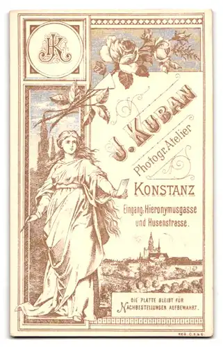 Fotografie J. Kuban, Konstanz, Hieronymusgasse, Portrait Mann im Anzug mit Fliege und Oberlippenbart