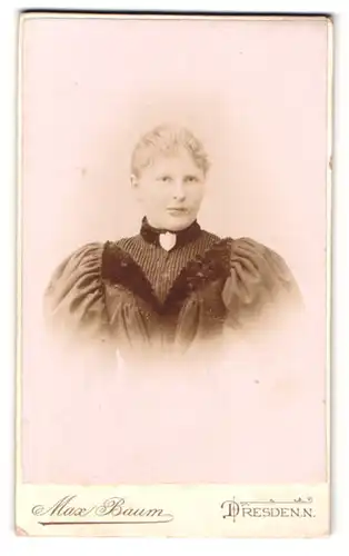 Fotografie Max Baum, Dresden, Königsbrückerstr. 64, Portrait junge Frau im Biedermeierkleid mit Heilsarmee Brosche