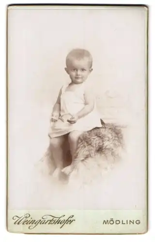 Fotografie Weingartshofer, Mödling, Hauptstr. 79, Portrait Kleinkind im weissen Kleid sitzt auf einem Fell