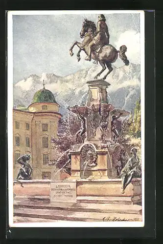 Künstler-AK E.F. Hofecker: Innsbruck, Leopoldsbrunnen mit Hofburg