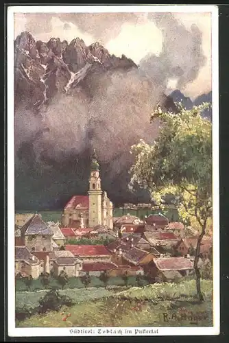 Künstler-AK Rudolf Alfred Höger: Toblach im Pustertal, Teilansicht mit Kirche