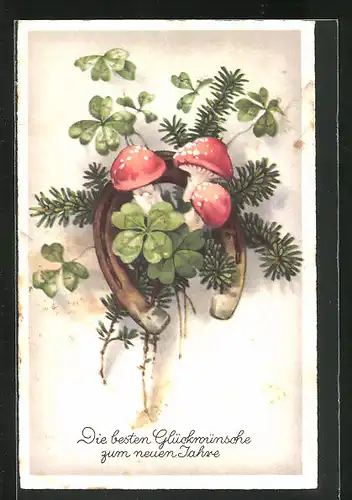 AK Neujahrsgruss mit Pilzen und Glücksklee