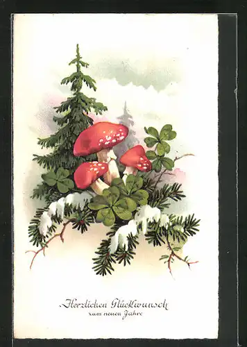 Künstler-AK Neujahrsgruss mit Pilzen und Tannenbäumen