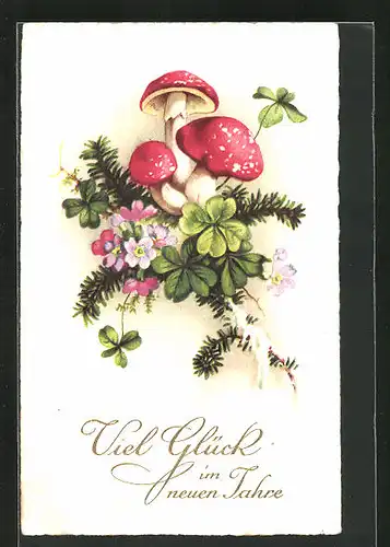 Künstler-AK Neujahrsgruss mit Pilzen, Blumen und Glücksklee