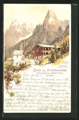 Künstler-AK Hinterbärenbad, Kaiserthal bei Kufstein, Berghütte