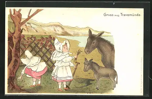 Künstler-AK Travemünde, Mädchen füttern Esel
