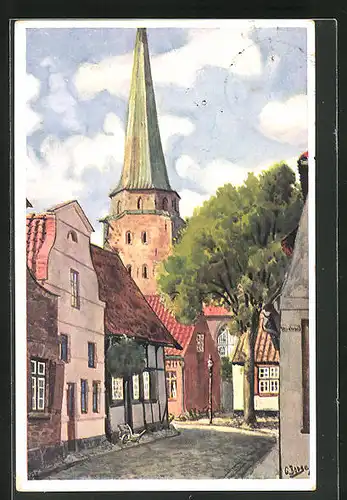 Künstler-AK Travemünde, Marktstrasse mit Kirche