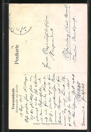 Künstler-AK Travemünde, Marktstrasse mit Kirche