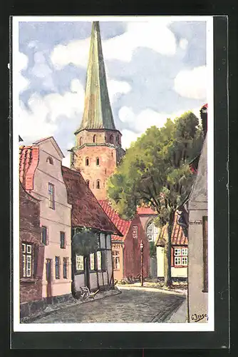 Künstler-AK Travemünde, Marktstrasse mit Kirche