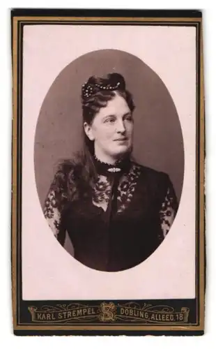 Fotografie Karl Strempel, Döbling, Alleeg. 18, Portrait Daem im Tüllkleid mit Perlenkette und Hochsteckfrisur