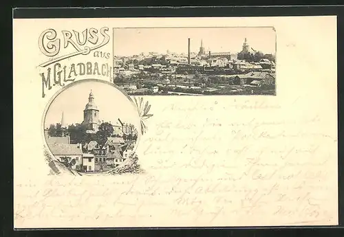 Vorläufer-AK M.-Gladbach, 1895, Teilansicht, Ortspartie mit Kirche