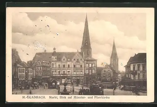 AK M.-Gladbach, Markt, Blick auf Münster- und Pfarrrkirche mit Geschäften, Strassenbahn