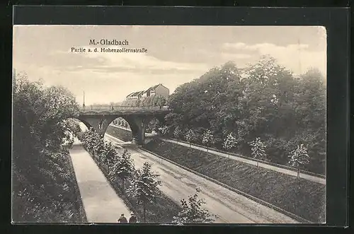 AK Mönchengladbach, Hohenzollernstrasse mit Brücke