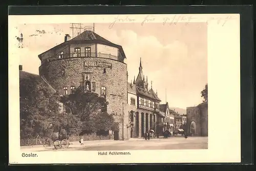 AK Goslar, Strassenpartie mit Hotel Achtermann