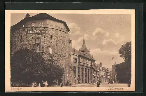 AK Goslar, Strassenpartie mit Hotel Achtermann