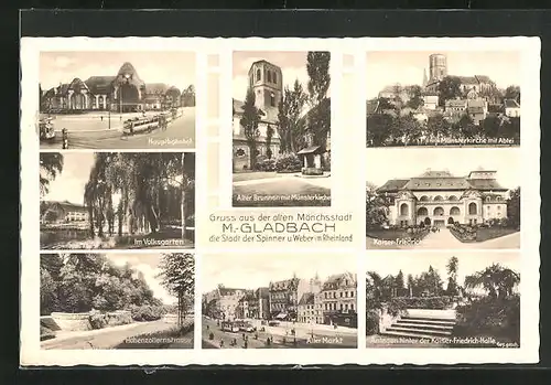 AK M.-Gladbach /Rheinland, Münsterkriche mti Abtei, Hauptbahnhof mit Strassenbahn, Im Volksgarten