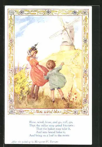 Künstler-AK Margaret W. Tarrant: Zwei Kinder vor einer Windmühle mit brausenden Wind