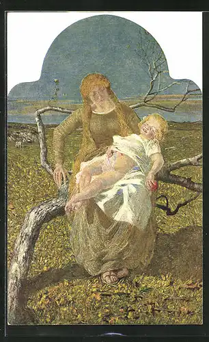 Künstler-AK Giovanni Segantini: Mutterglück, Mutter hält auf einem Ast sitzend ihr Kind im Arm