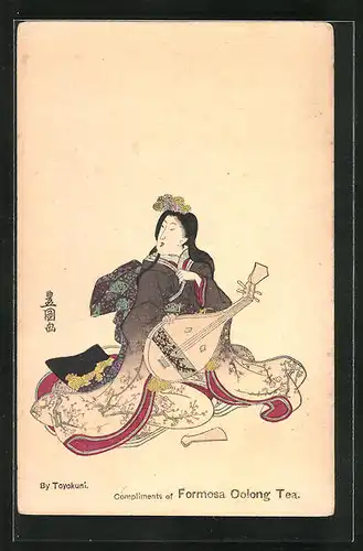 Künstler-AK Geisha mit traditionellem Saiteninstrument