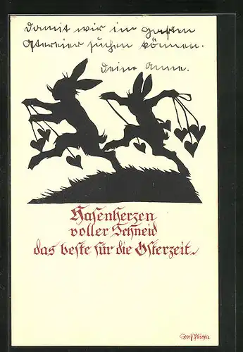 Künstler-AK Georg Plischke: Hasen tragen Herzen an Bändern umher