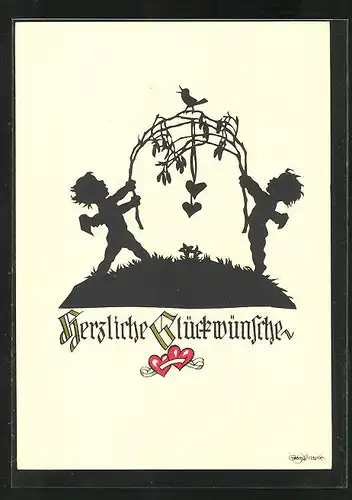 Künstler-AK Georg Plischke: Zwei Engelchen halten Äste nach oben, Glückwunschkarte