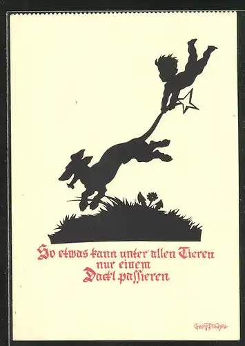 Künstler-AK Georg Plischke: Dackel rennt über das Feld mit Kind an sich hängend