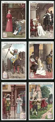 6 Sammelbilder Liebig, Serie Nr. 673: Die Drei Musketiere, Der Zweikampf, Milady in der Kirche, Athos auf der Bastion