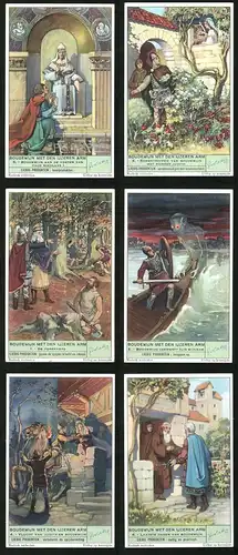6 Sammelbilder Liebig, Serie Nr. 1464: Boudewijn met den Ijzeren Arm, Laatste dagen van Boudewijn, De Forestiers