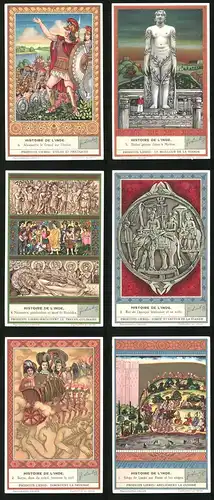 6 Sammelbilder Liebig, Serie Nr. 1400: Histoire de l`Inde, Siége de Lanka par Rama et les singes