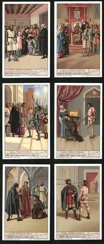 6 Sammelbilder Liebig, Serie Nr. 1337: Le Cid Tragédie de Corneille, Don Rodrigue provoque Gormas