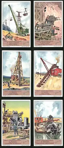 6 Sammelbilder Liebig, Serie Nr. 1379: Groot Aannemersmaterieel, Cutterzuigers, Betonmolens, Excavator