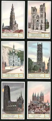 6 Sammelbilder Liebig, Serie Nr. 1235: Eglises de Belgique, Tournai, La Cathédrale, Malines, St. Rombaut, Gand