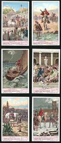 6 Sammelbilder Liebig, Serie Nr. 1378: Jules César, Vercingétorix remet son glaive á César, Confiance en son étoile