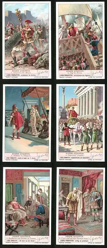 6 Sammelbilder Liebig, Serie Nr. 1391: Keizer Augustus, Varus, geef mij mijn legioenen terug, Octavianus triomfen